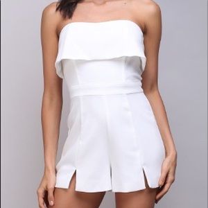 DO+BE white strapless romper with ruffle
